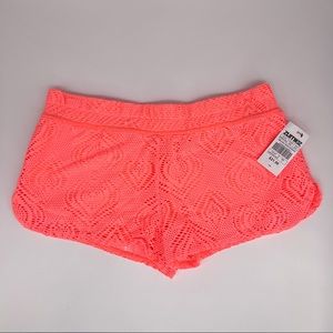 Empyre Bright Coral Orange Laser Cut Lace Look Lined Shorts Women’s Size Small
